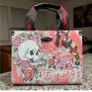 NWT Ed Hardy Love Kills Slowly Denim Tote Rhinestone Skull Y2K McBling Crossbody